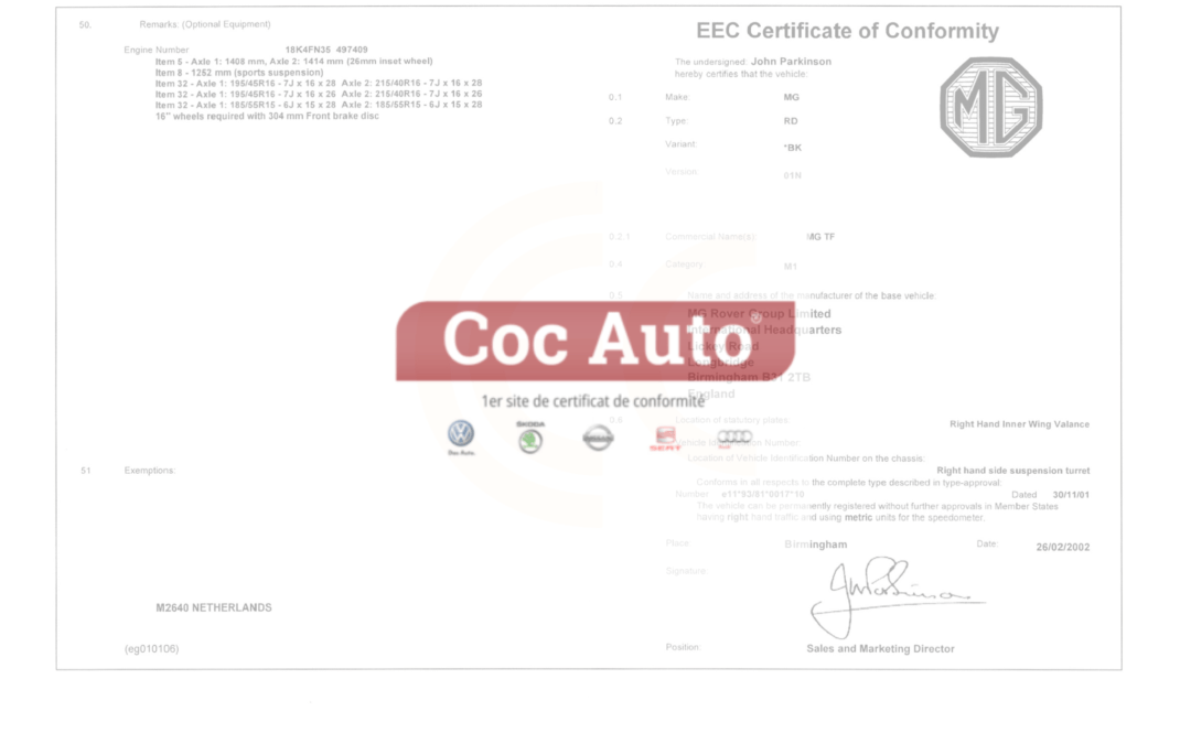 Le certificat de conformité Rover