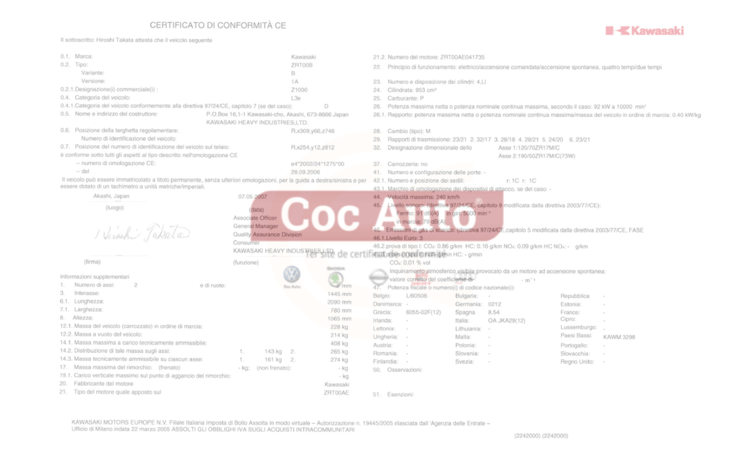 Le certificat de conformité Kawasaki