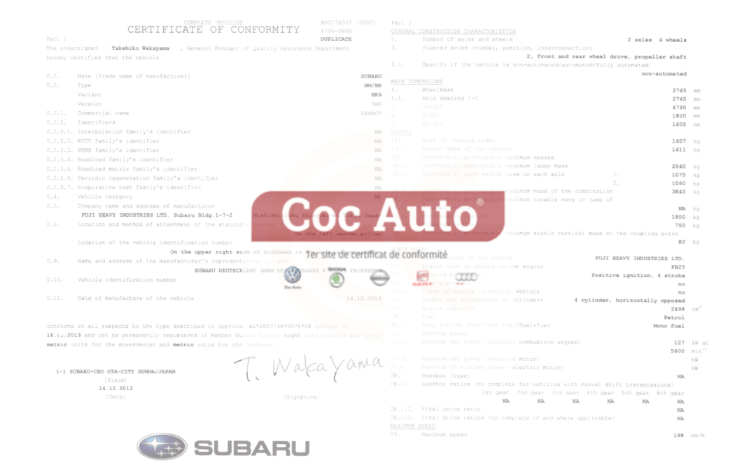 Le certificat de conformité Subaru